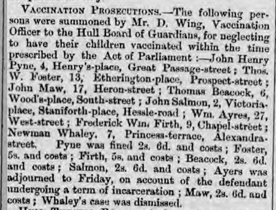 Thomas Beacock Vaccination Prosecutions - Hull Packet 14 May 1875.PNG